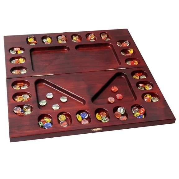 4-Player Classic Mancala Board Game with Glass Beads/Stones. Family Strategy Gam