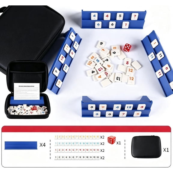 4Player Rummy Cube Game Set, 106 Tiles, 4 Racks & Storage Case, Portable Travel Case Family Board Game