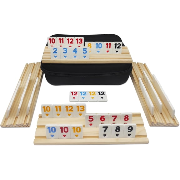 4 Player Rummy Cube Game Set, 106 Tiles with 4 Wooden Racks Portable Travel Case, Complete Family Table Board Game for Adults