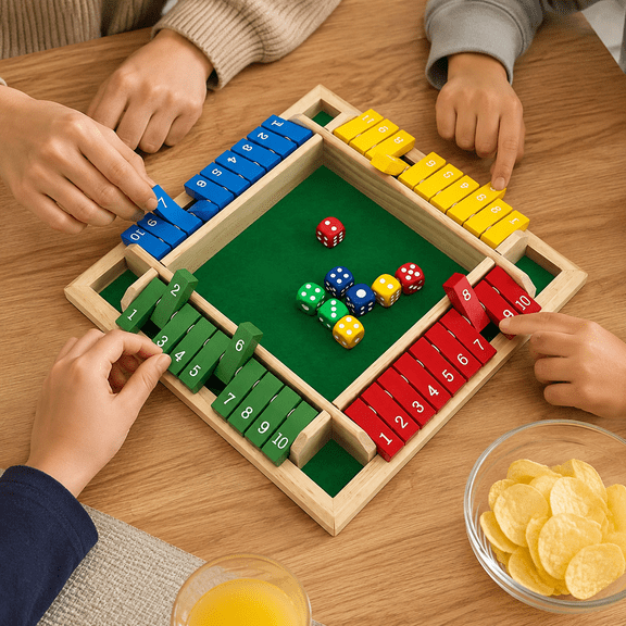 4 Player Wooden Shut The Box Dice Board Game, Classic Pub Table Math Strategy Activity with 8 Color Dice, Educational Flip Number Tile Tabletop Game for Family Party