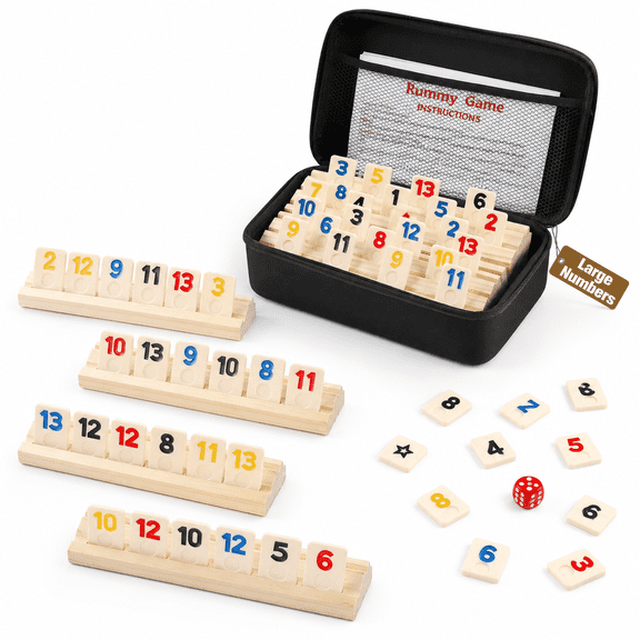 4 Players Classic Rummy Cube Tile Game with Wooden Racks and Storage Case
