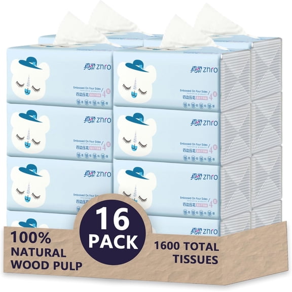 4-Ply Facial Tissues, 16 Soft Packs (5.6 x 3.6 x 2.7 in per pack) - 1600 Sheets Total, Compact for Desk, Car & Bag, Hypoallergenic, Lint-Free