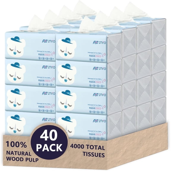 4-Ply Premium Facial Tissues, 40 Large Packs (5.6x3.6x2.7") - 4000 Sheets Value Set, Hypoallergenic & Lint-Free for Home/Office/Travel