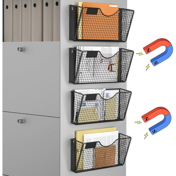 4-Pocket Magnetic File Organizer - No-Drill Hanging Wall Storage for Fridge/Office, Holds Papers, Mail & Magazines (Strong Hold Magnet)