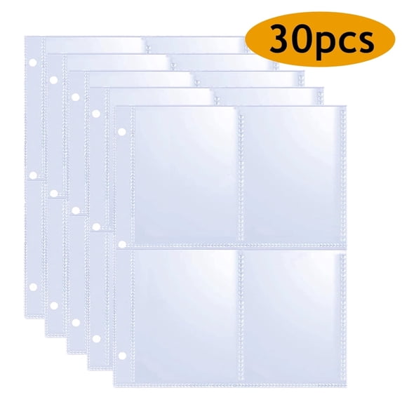 4 Pocket Page Protector, Trading Card Sleeves Pages Card Binder Double-sided Baseball Card Sheets for Standard Size Cards, Coupon, Sport Cards, Game Cards, Business Cards 30Pcs