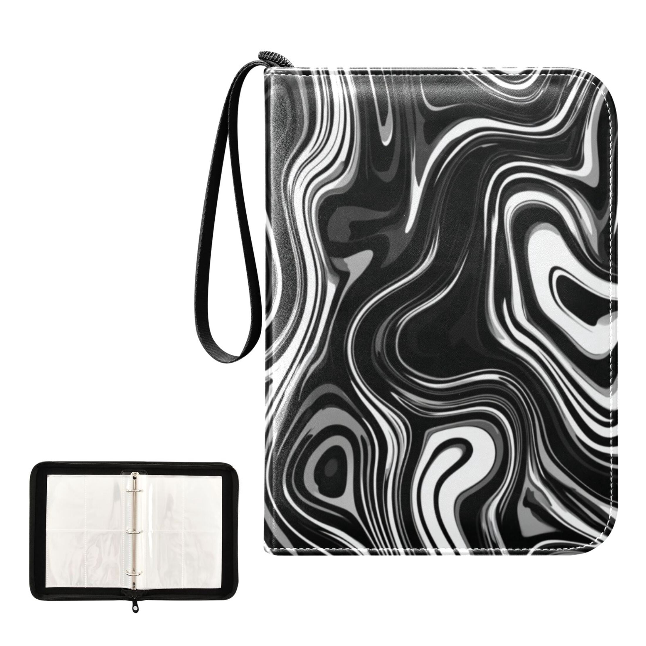 4 Pocket Trading Card Binder, 50 Pages Sleeves Holds 400 Cards, Card Collection Album Holder for Game Cards, Sports Cards, TCG Storage Matte Black Flowing Lines