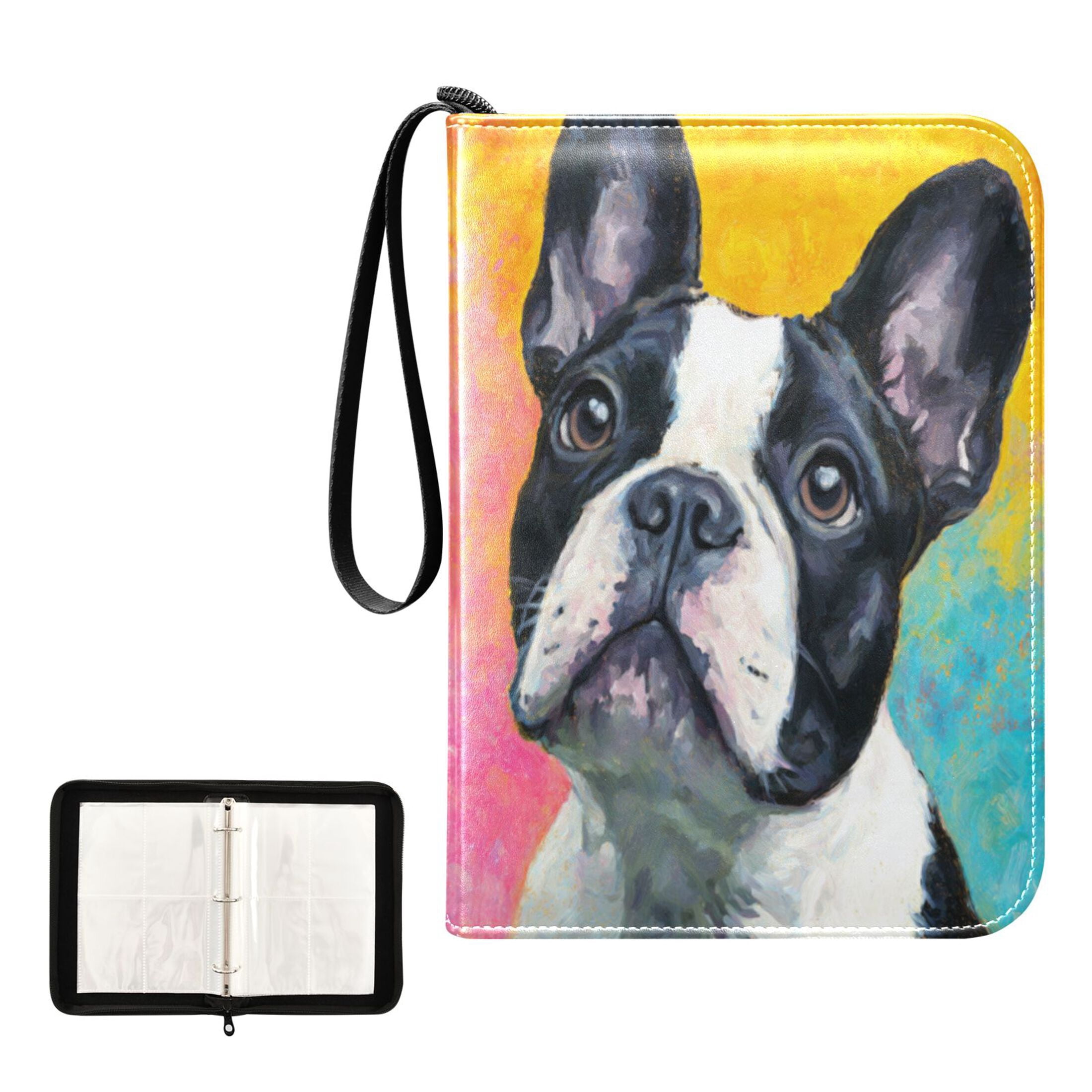 4 Pocket Trading Card Binder, 50 Pages Sleeves Holds 400 Cards, Card Collection Album Holder for Game Cards, Sports Cards, TCG Storage Rainbow French Bulldog Canvas