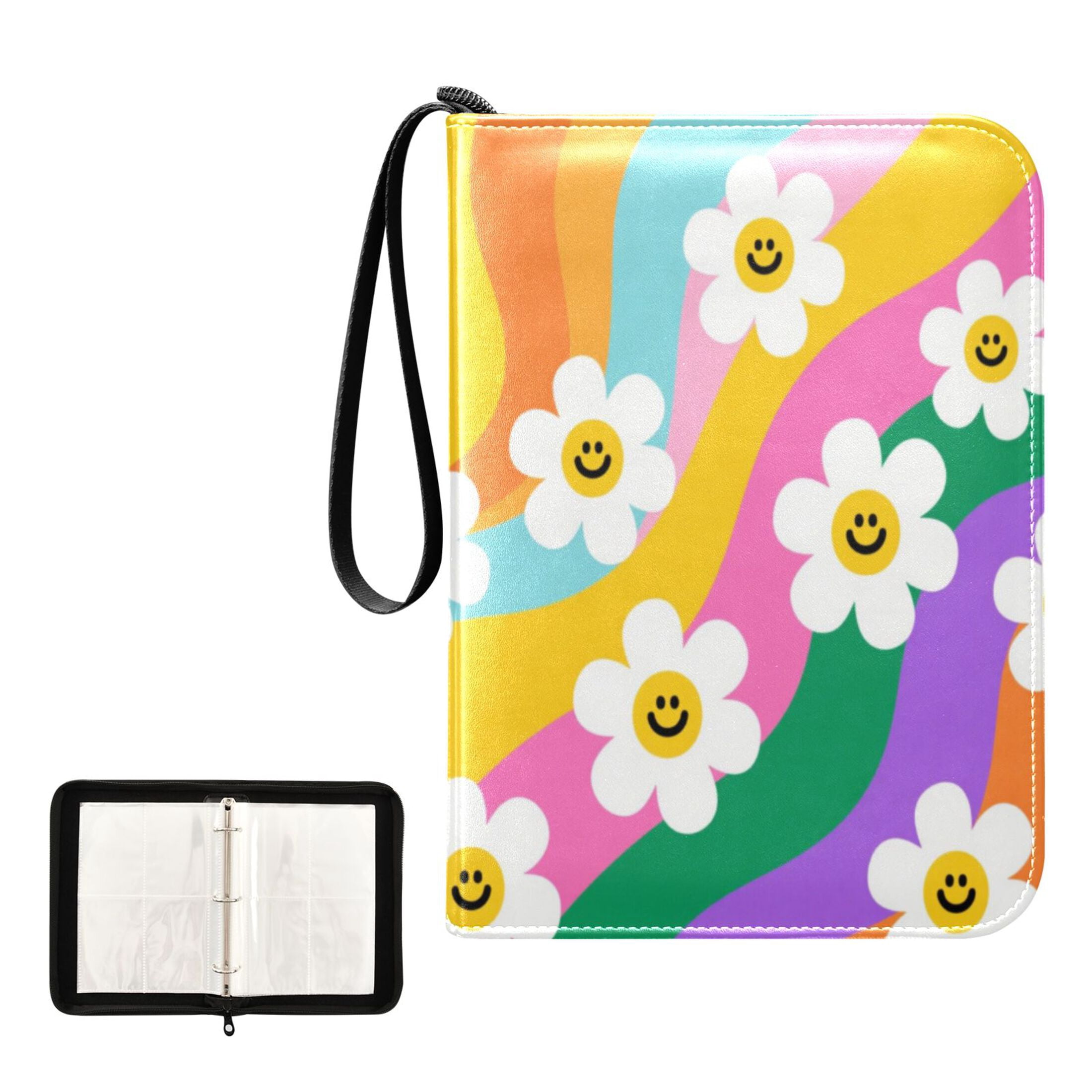 4 Pocket Trading Card Binder, 50 Pages Sleeves Holds 400 Cards, Card Collection Album Holder for Game Cards, Sports Cards, TCG Storage Smiley Daisy on Rainbow Background
