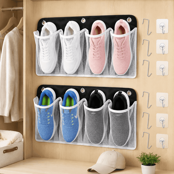 4 Pocket Wall Mounted Shoe Rack for RV and Bedside Hanging Organizer with Adhesive Hooks and Over-Door Hooks for Headboards, Bunk Beds, and Dorm Rooms 2ps