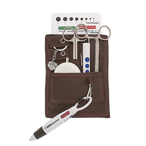 4 Pockets Nurse Organizer Pouch w/Stainless Silver + White Tools - Medical Instrument Organizer with Lister Scissors, LED Penlight, Eye Chart, Chart Pen + More - AsaTechmed (Brown)