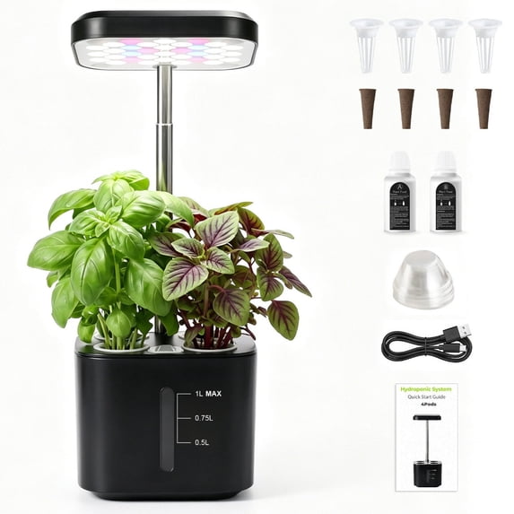 4 Pod 10W Full Spectrum LED Hydroponics Growing System, Auto Timer Smart Indoor Herb Garden 1L Water Tank for Home Kitchen Year-round Planting