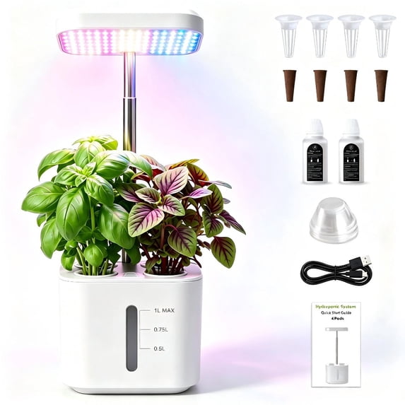 4 Pod 10W Full Spectrum LED Hydroponics Growing System, Auto Timer Smart Indoor Herb Garden 1L Water Tank for Home Kitchen Year-round Planting