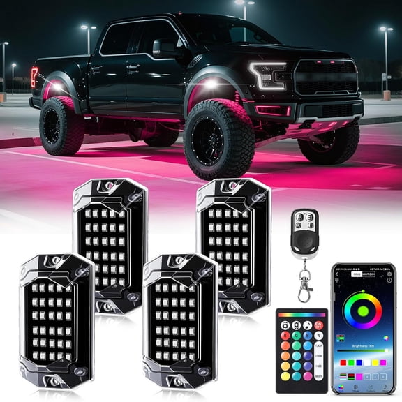 4 Pods Full Angle Rock Lights for ATV UTV RZR Offroad Golf Cart SXS, Multicolor Neon Underglow Kit with APP/RF Remote, 12Volt Underbody Lights