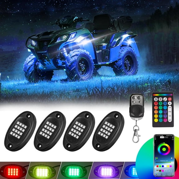 4 Pods RGB LED Rock Lights for ATV UTV Golf Cart Truck RZR Offroad SUV, Waterproof Multicolor Underglow Kit for Cars with APP Music Mode, Vehicle Accent Underbody Light Underneath 12V