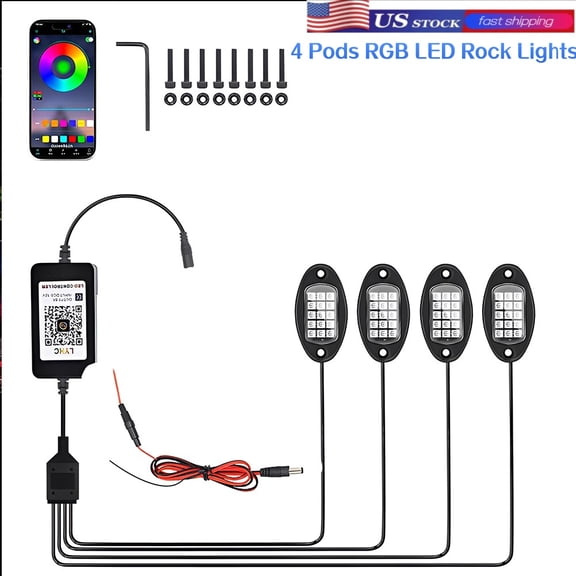 4 Pods RGB LED Rock Lights Underglow Multicolor Neon Light Kit with APP Control/Music Mode Under Glow Lights for Trucks SUV Golf Cart ATV Pickup Off Road,12V