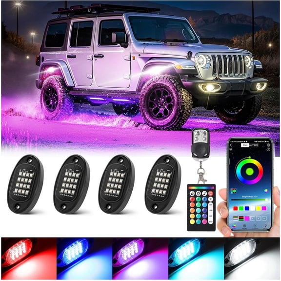 4 Pods Rock Lights with Dual Zone , Multicolor Underglow Lights Kit for ATV UTV Golf Cart RZR SXS, Neon Underbody Light with App Remote Control Flashing Music Sync 12V