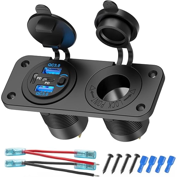 4 Port 12V USB Outlet Marine Switch Panel 12 Volt Plug, Dual PD30W and Dual QC18W USB Ports Car Charger with Switch, Waterproof 150W Cigarette Lighter Socket 2 in 1 DIY Kit for Car Marine Boat RV ATV