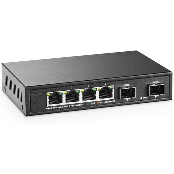 4 Port 2.5G Ethernet with 2x10G SFP, 4 x 2.5G Base-T Ports Compatible with 10/100/1000Mbps, Metal Unmanaged Fanless Network