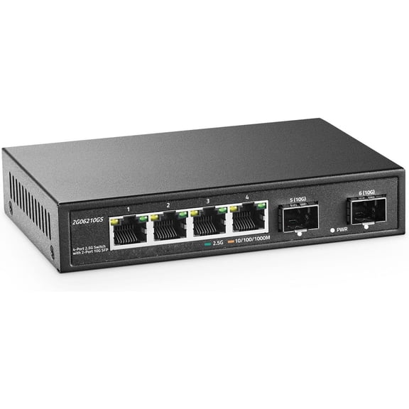 4 Port 2.5G Network Switch with 2x10G SFP, 2.5Gbps Network Hub Ethernet Splitter, Compatible with 100/1000/2500Mbps, Multi-Gigabit Fanless Unmanaged Metal Desktop Gaming Switch