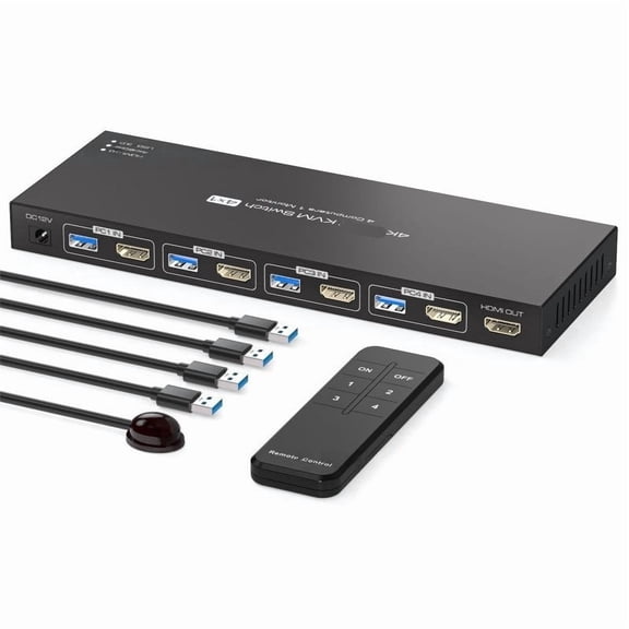 4 Port 4K 144Hz HD Media Switch, Smart USB 3.0 KVM Hub
