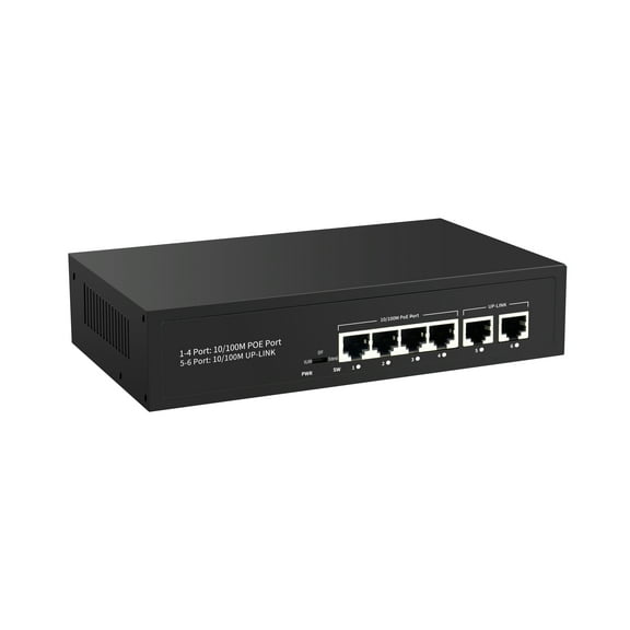 4 Port PoE Switch Plug and Play PoE+ Switch with Additional 2 Uplink Port, Up to 30W Per Port, Total Budget 60W, 803.af Compliant, 10/100Mbps