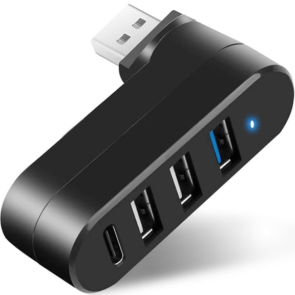 4-Port USB 3.0 Hub [90/180 Degree Rotatable], USB Splitter with PD-in 5W USB C Port, USB Extender for Laptop, Car, iMac, MacBook Air, MacBook Pro, and More