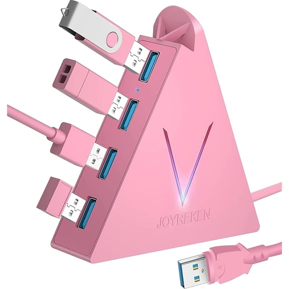 4-Port USB 3.0 Hub, FlyingVHUB Vertical Data Hub with 2 ft Extended Cable, for Mac, PC, One, PS4, PS5, iMac, Surface Pro, XPS, Laptop, Desktop, Flash Drive, Mobile HDD(Pink)