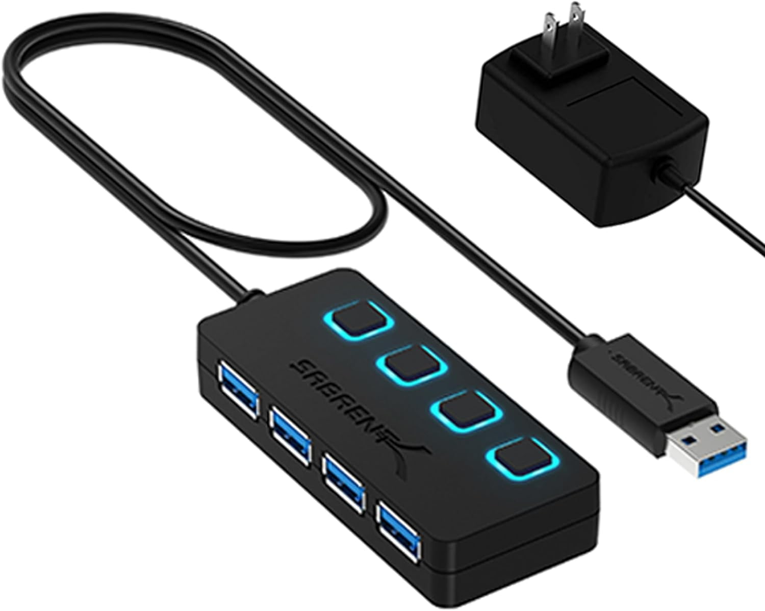 4 Port USB 3.0 Hub with Individual LED Lit Power Switches, Includes 5V/2.5A Power Adapter (HB-UMP3)