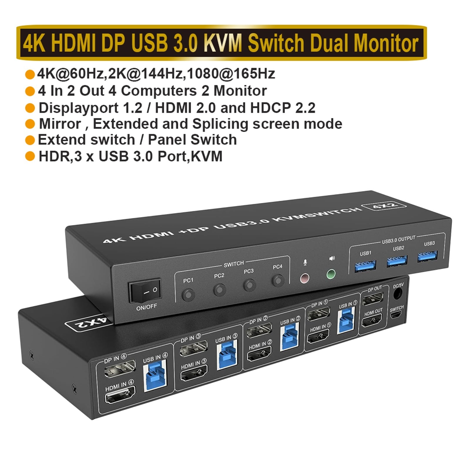 4 Port USB 3.0 KVM Switch 4X2 Dual Monitor 4K@60Hz Extended Display DP KVM Switch 4 In 2 Out For 4 PC Share Keyboard Mouse