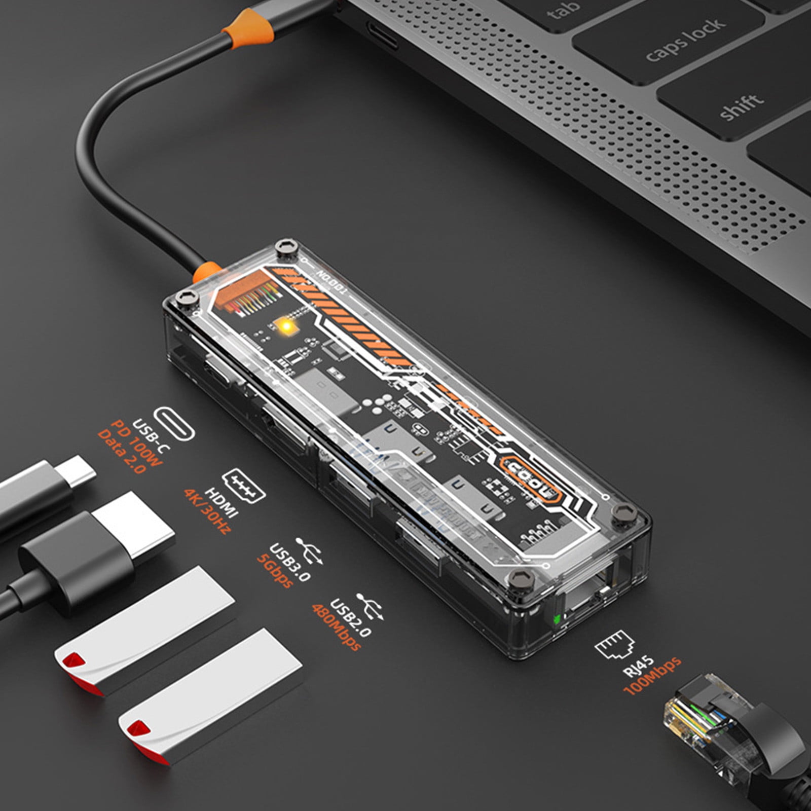 4 Port USB C Hub,5-in-1 Usb C Hub Multiport Adapter, 5Gbps High-Speed Data Transmission Speed, 100W Fast Charge &100Mbps RJ45, Compatible with Computers, Mobile Phones and Tablets