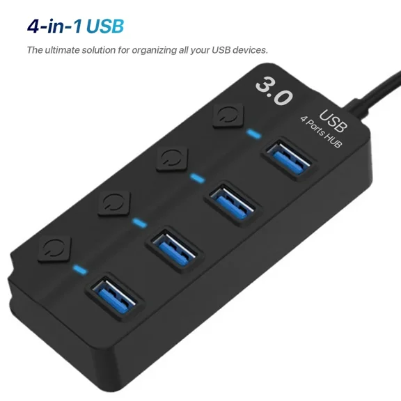 4 Port USB Hub Splitter 3.0 for Desktop Laptop Computer, USB Extender Hub with Individual Switches(One packs)
