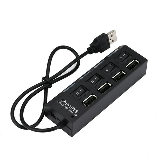 4 Port USB Hub with Individual On Off Switches and AC Power Adapter for Desktop Laptop Computer Data Transfer and Peripheral Expansion