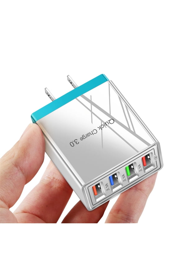 4-Port USB Wall Charger with QC 3.0 Fast Charging and LED Indicator – 3.1A Power Adapter for iPhone, Android, Tablets and Multiple Devices, Compact Foldable Plug for Home Travel
