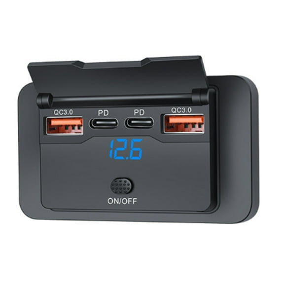 4-Ports 12V 108W Dual PD+Dual QC3.0 USB Charger W/ Digital Voltmeter Switch Socket Power Outlet Panel Adapter
