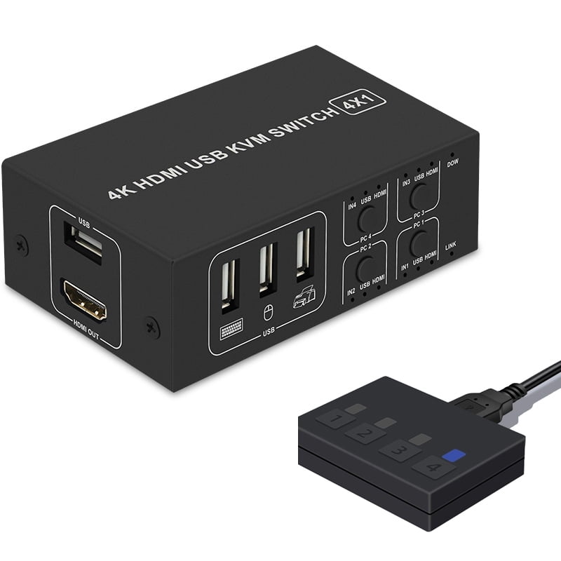 4 Ports HDMI KVM Switch 4K@30HZ/1080P@60HZ USB HDMI KVM Switcher 4 in 1 Out USB HDMI Share Monitor Mouse Keyboard Camera Printer W/ Desktop Controller