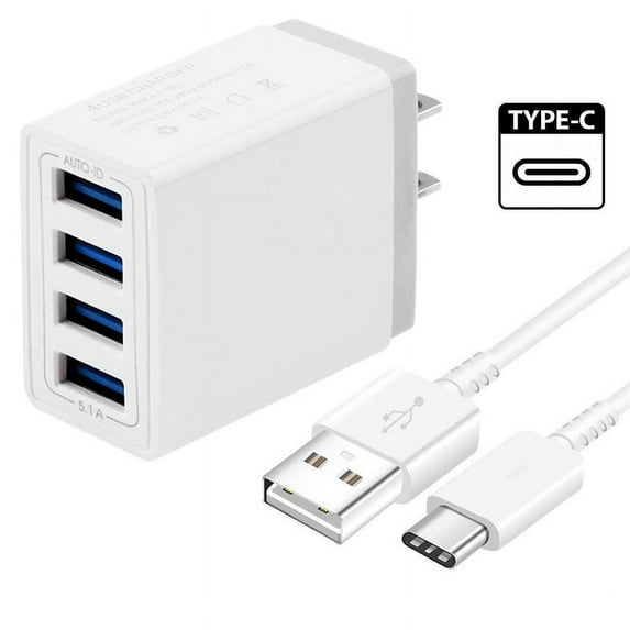 4-Ports USB Wall Charger Power Adapter with 4.0FT USB Type C Cable Compatible with Samsung Galaxy S21/ S21Ultra/ S20Plus/ S8/ S8 Plus/ S9/ S9+/ S10/ S10Plus/note8/ Note 9/ Note 10+/ Note 20 Ultra