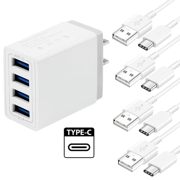4-Ports USB Wall Charger Power Adapter with (4-Pack) 4.0FT USB Type C Cable Compatible with Samsung Galaxy S21/ S21Ultra/ S20Plus/ S8/ S8 Plus/ S9/ S9+/ S10/ S10Plus/note8/ Note 9/ Note 10/ Note 20