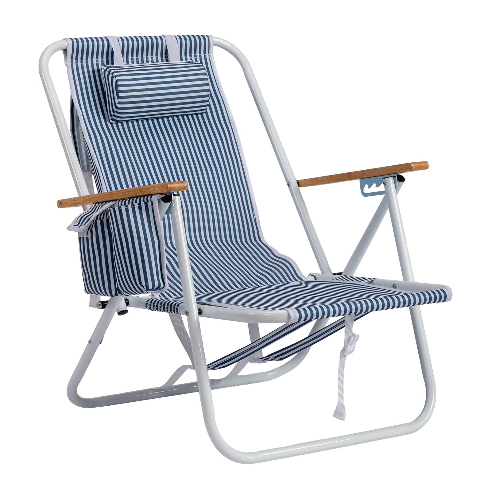 4-Position Adjustable Backpack Beach Chair, Foldable Rustproof Aluminum Frame Lounge Chair with Wooden Armrest, Side Storage Pockets & Detachable Pillow, 24"x22"x37"