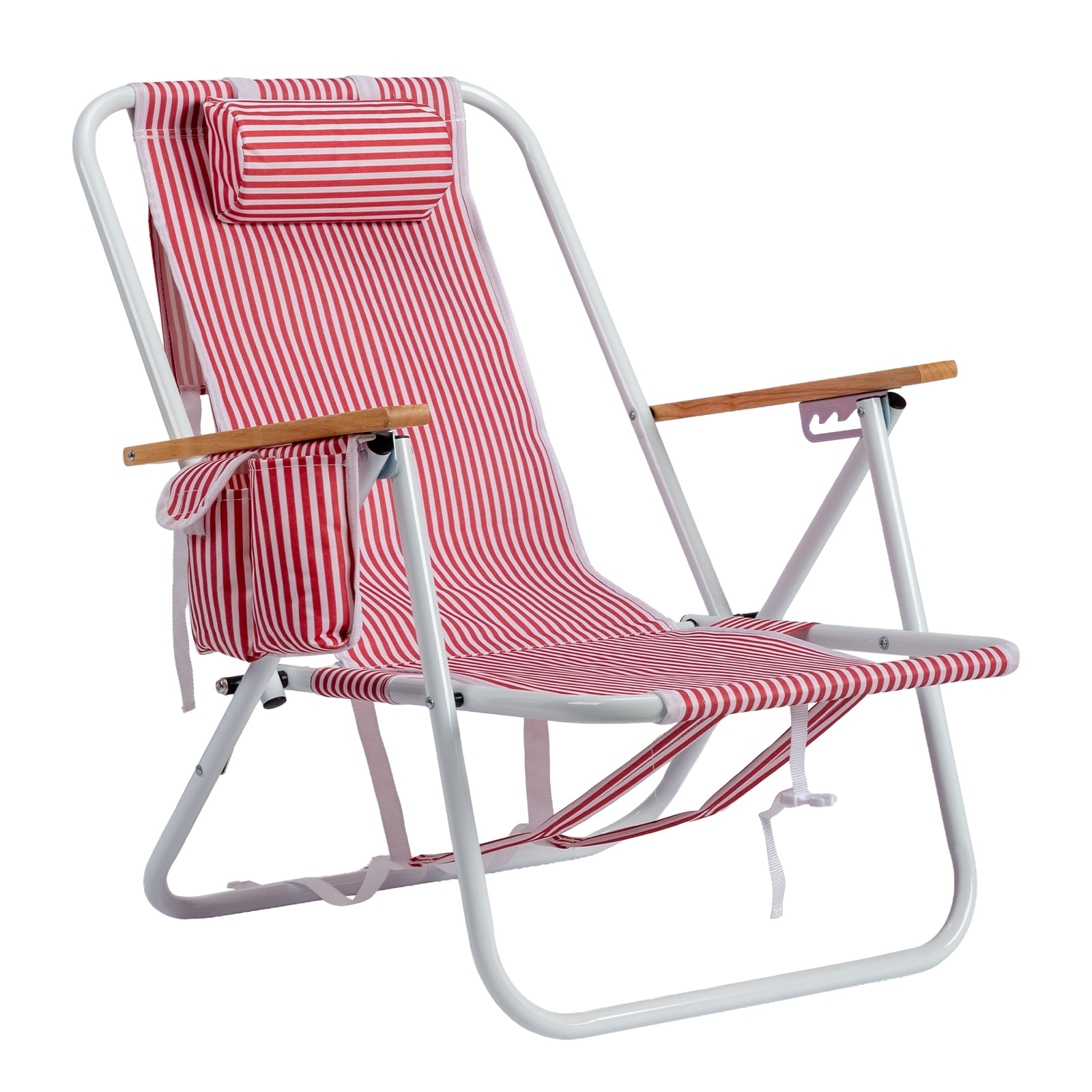 4-Position Adjustable Backpack Beach Chair, Foldable Rustproof Aluminum Frame Lounge Chair with Wooden Armrest, Side Storage Pockets & Detachable Pillow, 24"x22"x37"