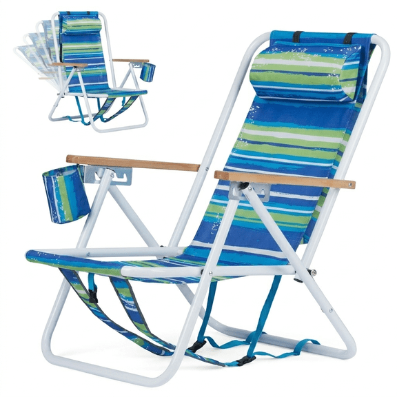 4-Position Folding Backpack Beach Chair with Wood Armrests, Headrest & Cup Holder - Lightweight Portable Sand Chair for Camping & Concerts, Blue & Green Stripes, 2 Packs