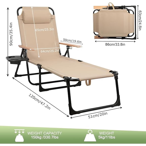 4-Position Reclining Foldable Outdoor Chaise Lounge Chair, UPF 50+, 300 LBS, for Beach & Pool