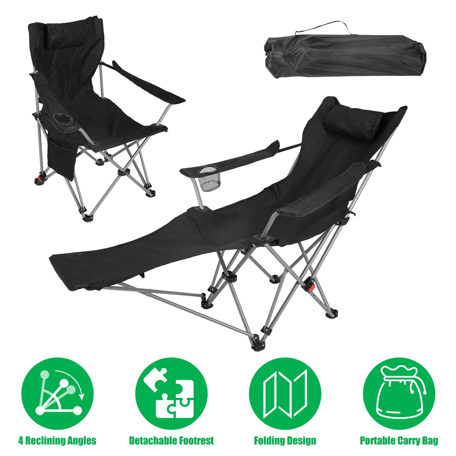4-Position Reclining Folding Camping Chair with Detachable Footrest, Carbon Steel Frame Waterproof 600D Oxford Lawn Chair with Cup Holder Side Pocket for Fishing Beach Backyard