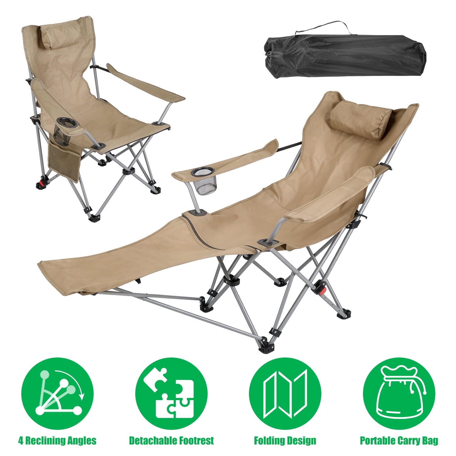 4-Position Reclining Folding Camping Chair with Detachable Footrest, Carbon Steel Waterproof 600D Oxford Lawn Chair with Cup Holder Side Pocket for Fishing Beach RV Backyard