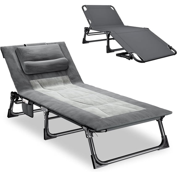 4-Position Reclining Folding Camping Cot with Mattress and Pillow, Portable Lounge Chair Bed for Sleeping, Travel, Garden, Pool, or Office