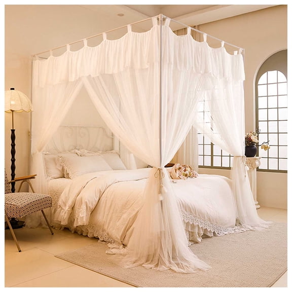 4-Post Bed Canopy With Ruffle Decoration, Double Layer Cozy Mesh Mosquito Net For Adults, Wedding, Bedroom