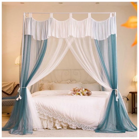 4-Post Bed Canopy With Ruffle Decoration, Double Layer Cozy Mesh Mosquito Net For Adults, Wedding, Bedroom