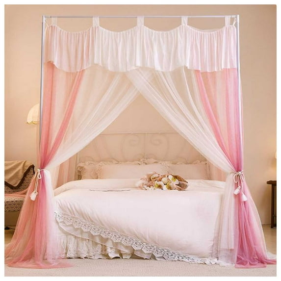 4-Post Bed Canopy With Ruffle Decoration, Double Layer Cozy Mesh Mosquito Net For Adults, Wedding, Bedroom