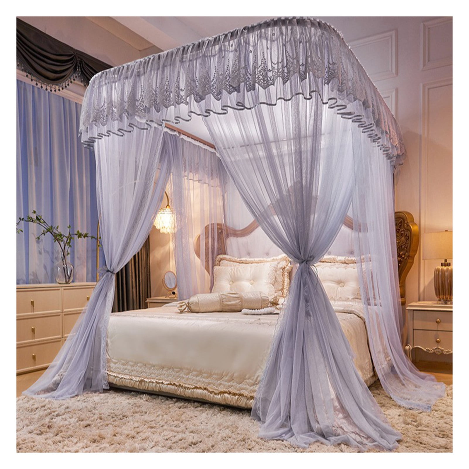 4 Poster Bed Curtains Canopy for Bedroom,Embroidery Lace Mosquito Net