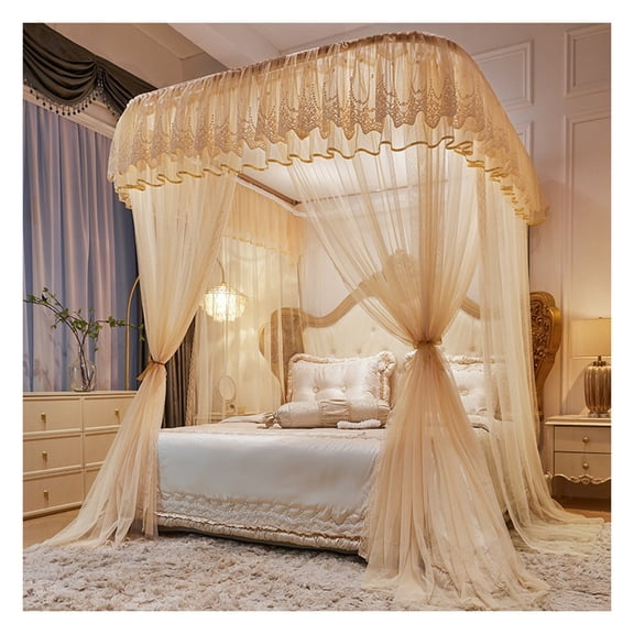 4 Poster Bed Curtains Canopy for Bedroom,Embroidery Lace Mosquito Net with Metal Bracket For Bedroom Decoration