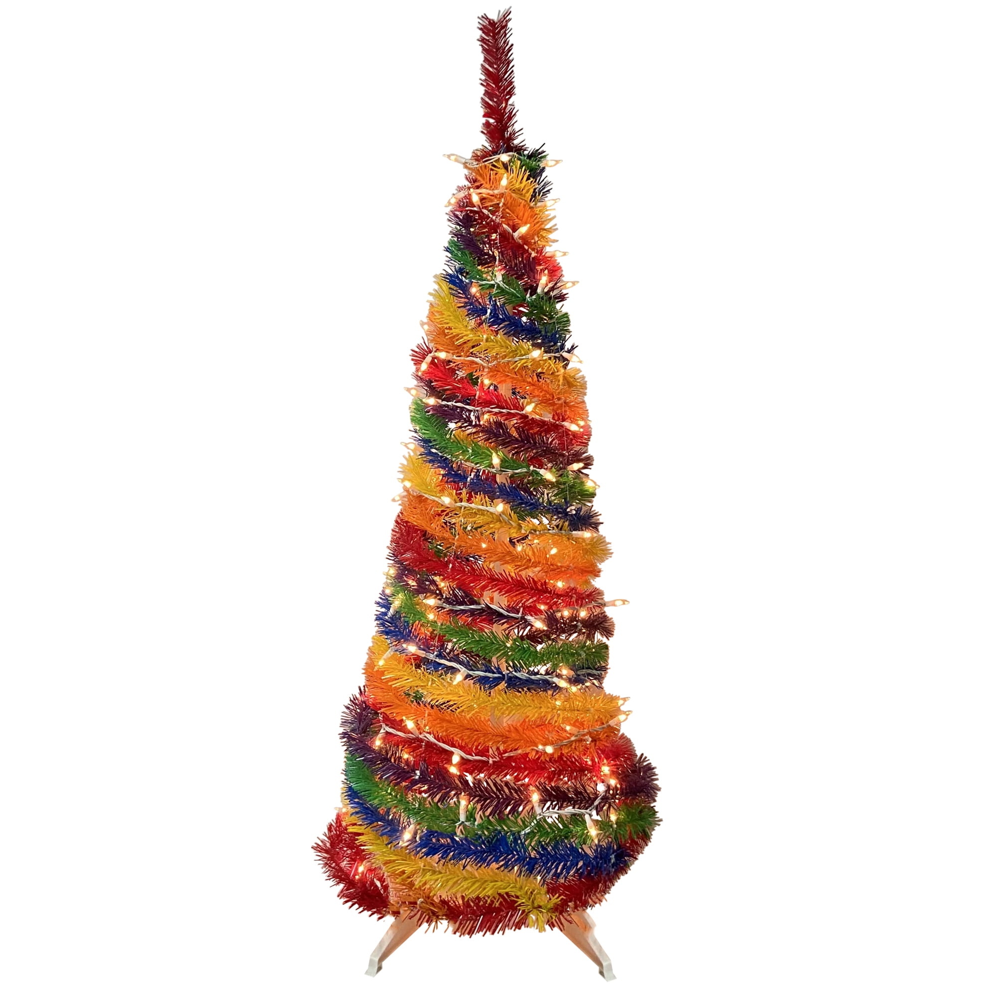 4' PreLit Rainbow Tinsel PopUp Artificial Christmas Tree, Clear